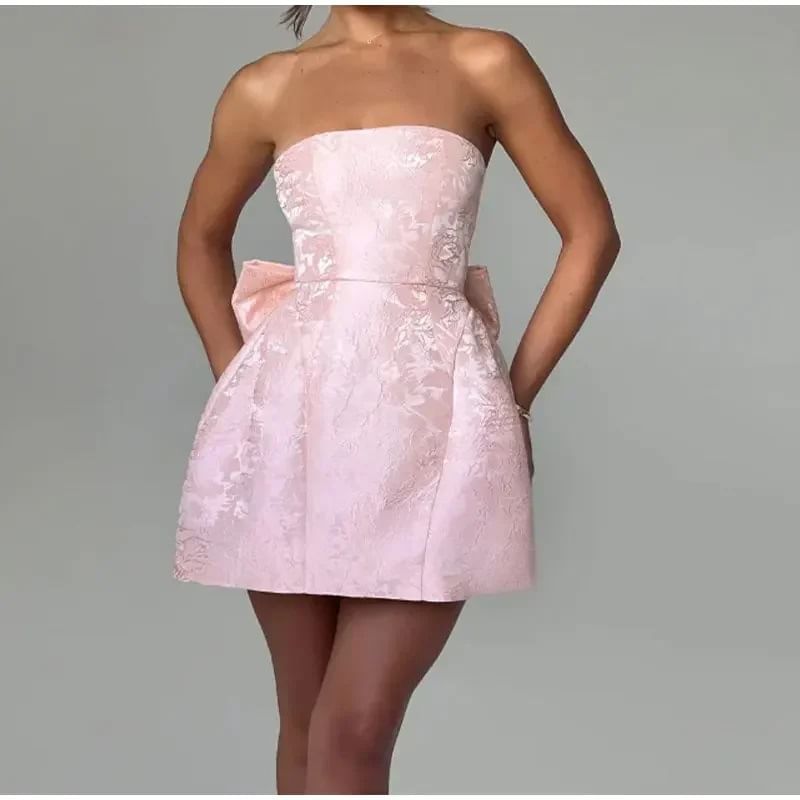Bow Jacquard Mini A-Line Tube Cocktail Dress