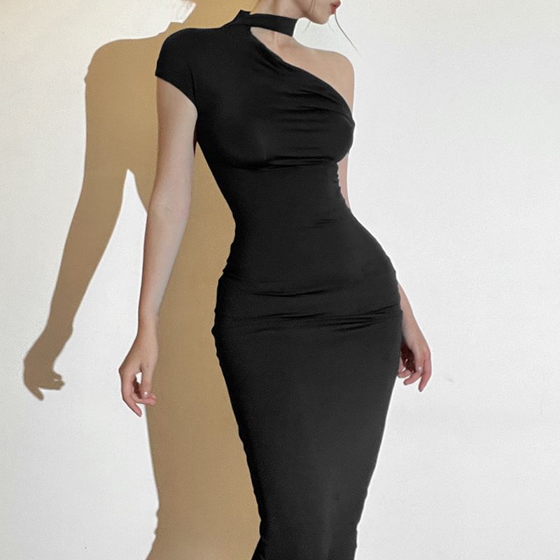 Off-Shoulder Halter Cap-Sleeve Solid Sheath Maxi Dress