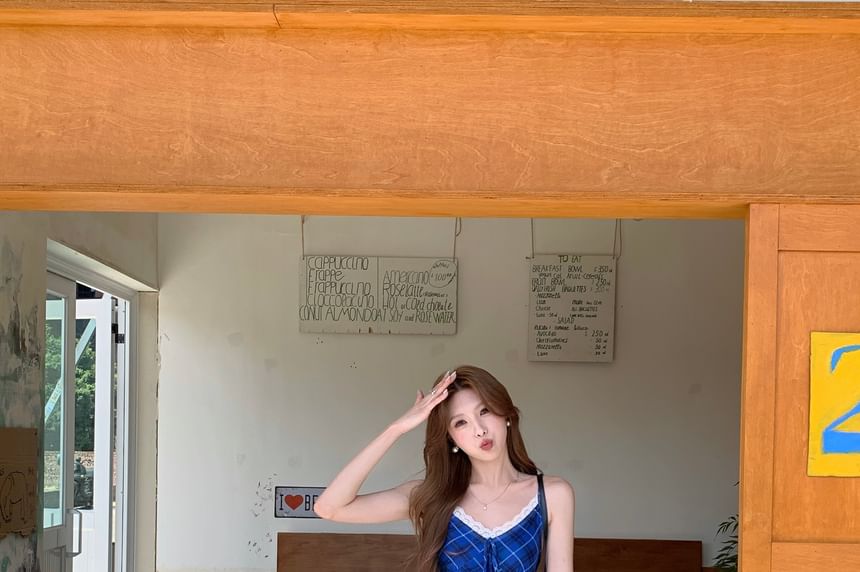 Spaghetti Strap V-Neck Plaid Maxi A-Line Dress