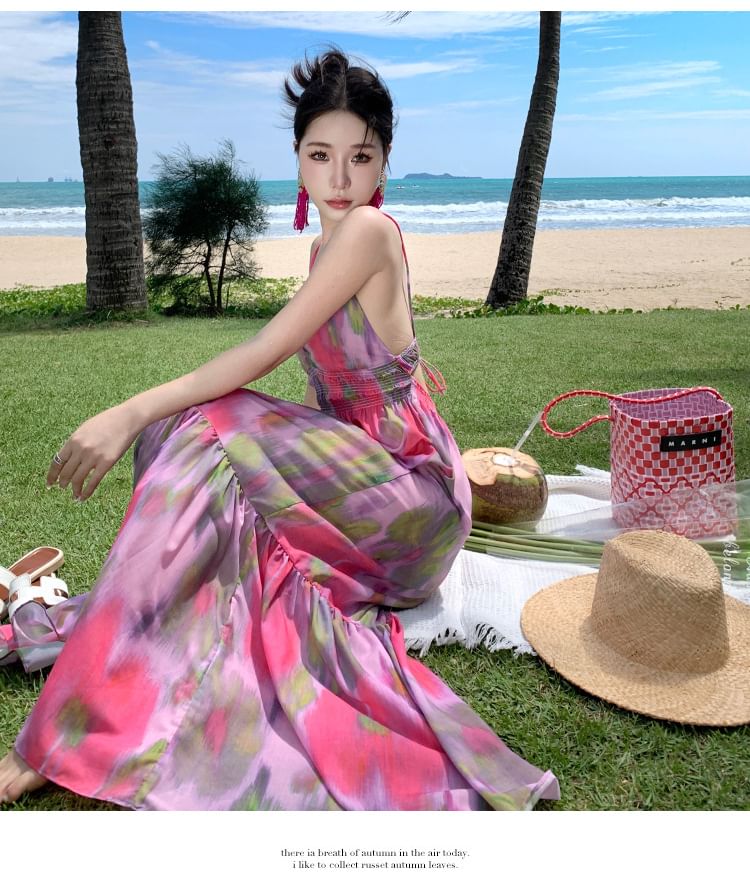 Tie-Dye Open Back Spaghetti Strap A-Line Maxi Sundress