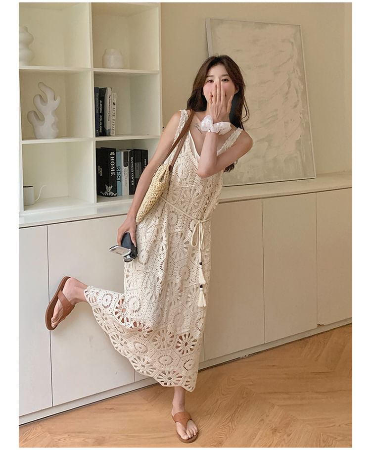 Set: Sleeveless V-Neck Crochet Knit Midi Dungaree Dress + Spaghetti Strap Plain Dress