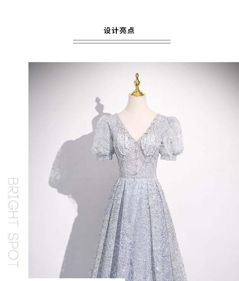 Short-Sleeve Gown Evening V-Neck Lace Plain Sheath