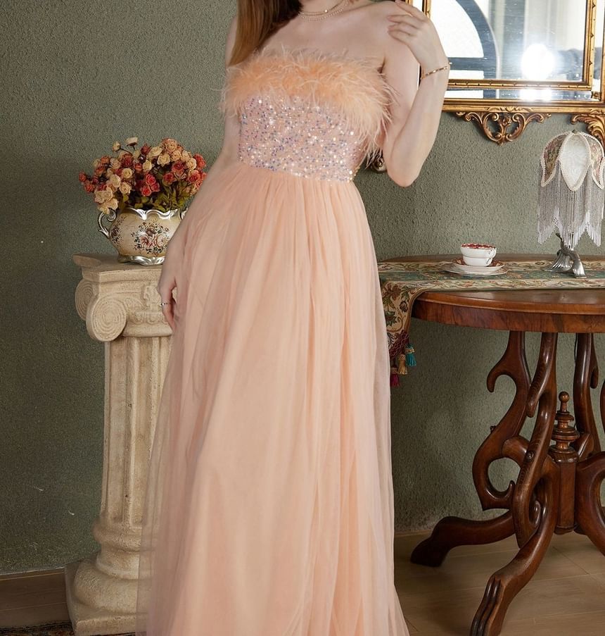 Strapless Sequin Fringed Trim A-Line Evening Dress