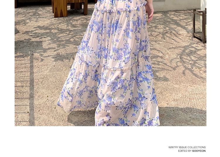 Puff Sleeve Sweetheart Neck Floral Print Tiered Maxi A-Line Dress