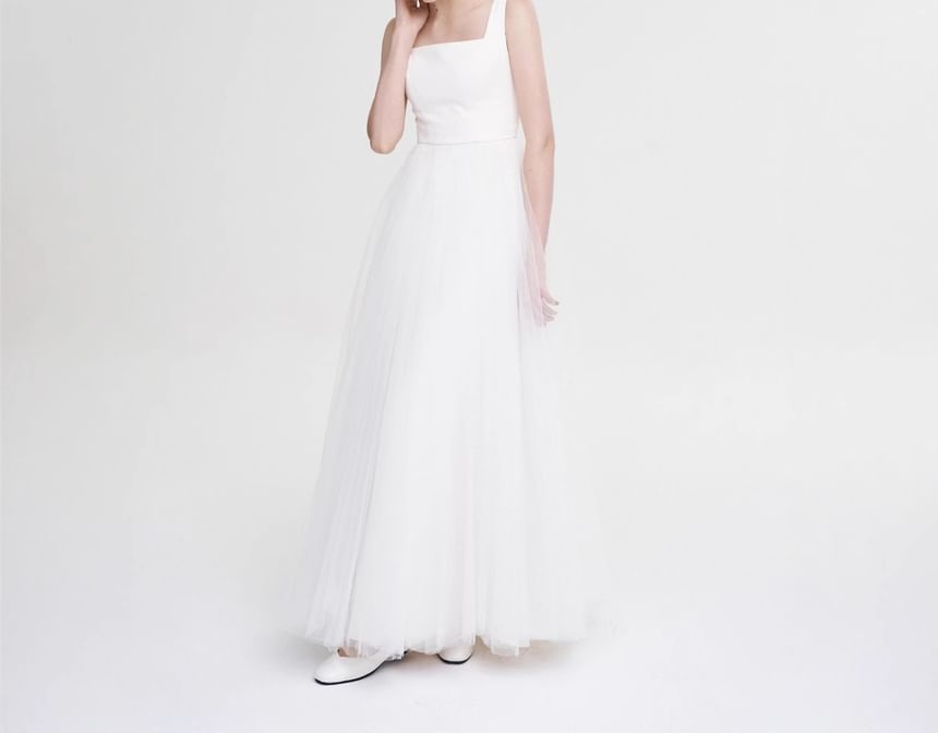 Wide Strap A-Line Mesh Wedding Gown