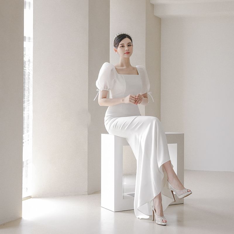 Puff-Sleeve Square-Neck Mermaid Wedding Gown