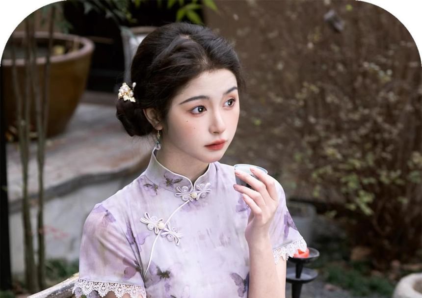 Short-Sleeve Butterfly Print Lace Trim Midi Qipao