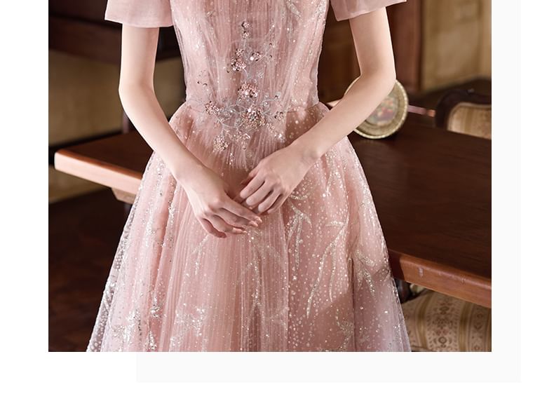 Short-Sleeve Sequin A-Line Evening Gown