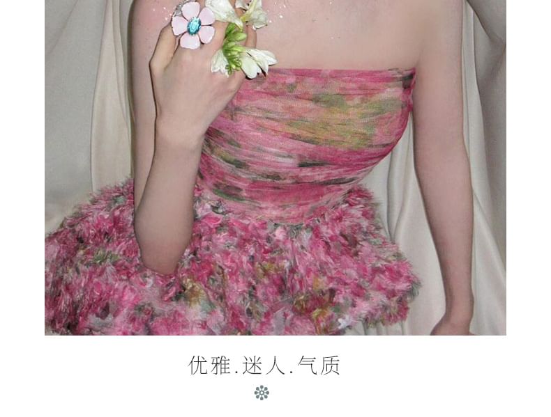 Strapless Floral Peplum Mermaid Evening Gown