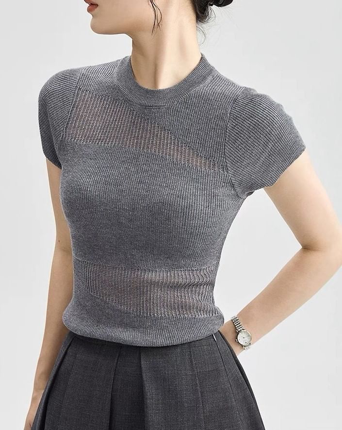 Cap-Sleeve Plain Sheer Neck Knit Top Round Panel