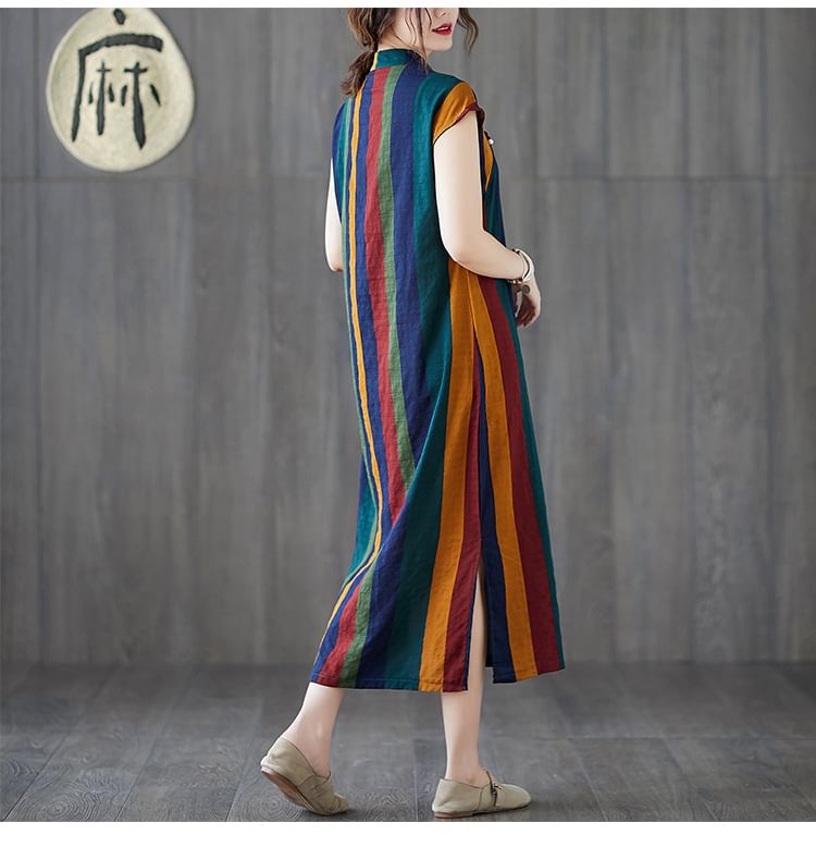 Cap-Sleeve Striped Midi A-Line Qipao