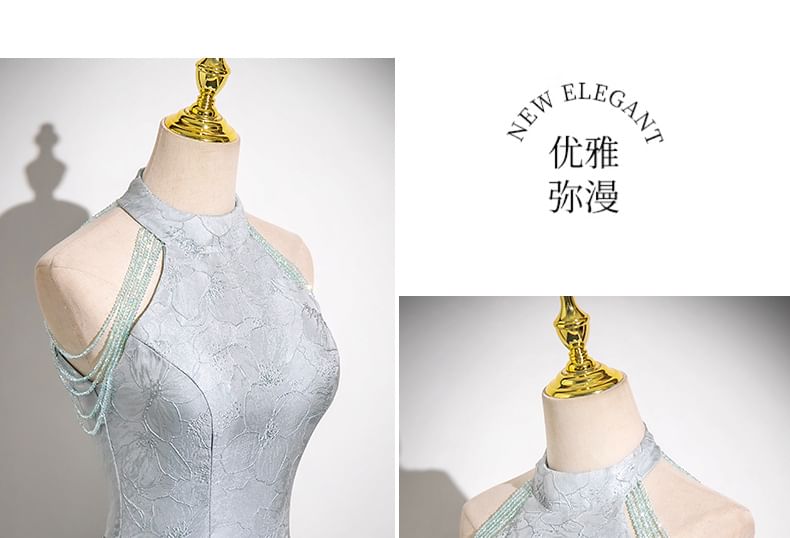 Gown Evening Faux Jacquard Floral Halter A-Line Fringed Neck Crystal