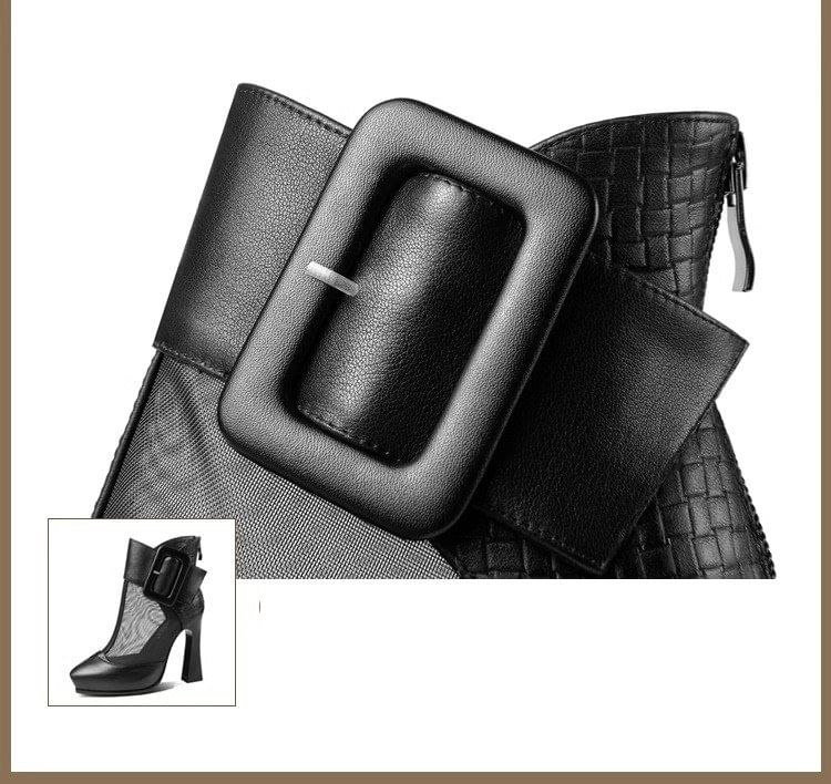 Mesh Buckled Platform Short Panel Pointed Toe Boots