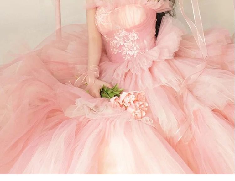 Plain Panel Evening Gown Lace Mesh A-Line Tiered Tube