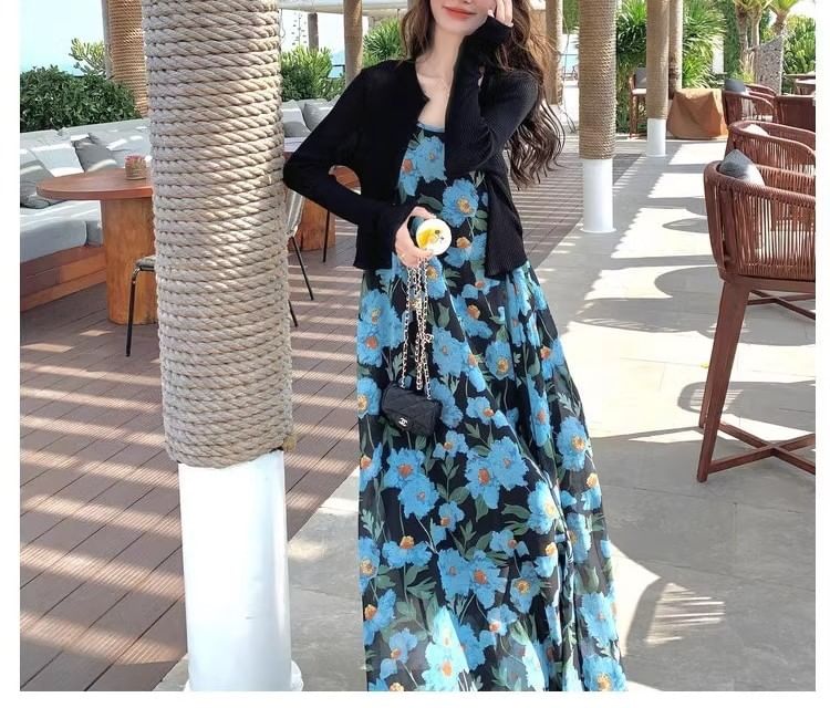 Spaghetti Strap Maxi Dress Floral Scoop Neck A-Line Print