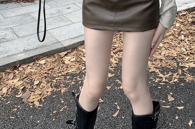 Faux Leather High Rise Pencil Mini Skirt in Solid Hue