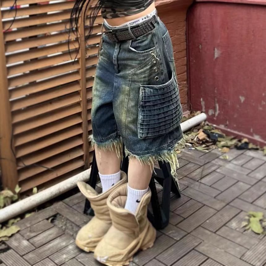 Low Waist Washed Distressed Wide Leg Jorts