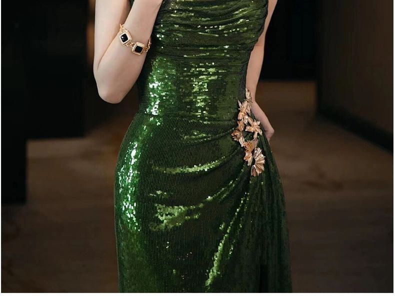 Plain Sequin Ruched Sheath Tube Evening Gown