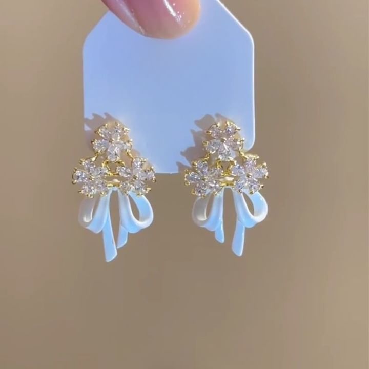 Rhinestone Bow Chandelier Floral Earring Alloy