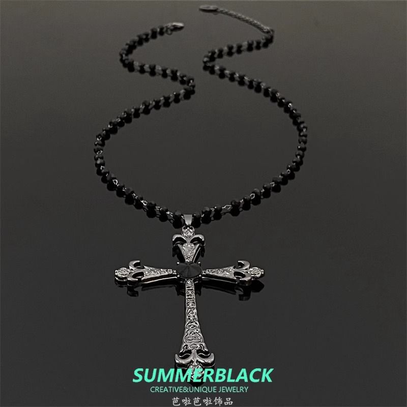 Faux Gemstone Necklace Station Cross Pendant