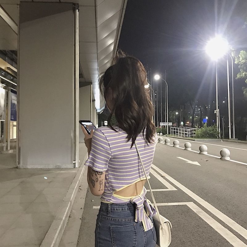 Striped Open Back Cropped Short-Sleeved Top