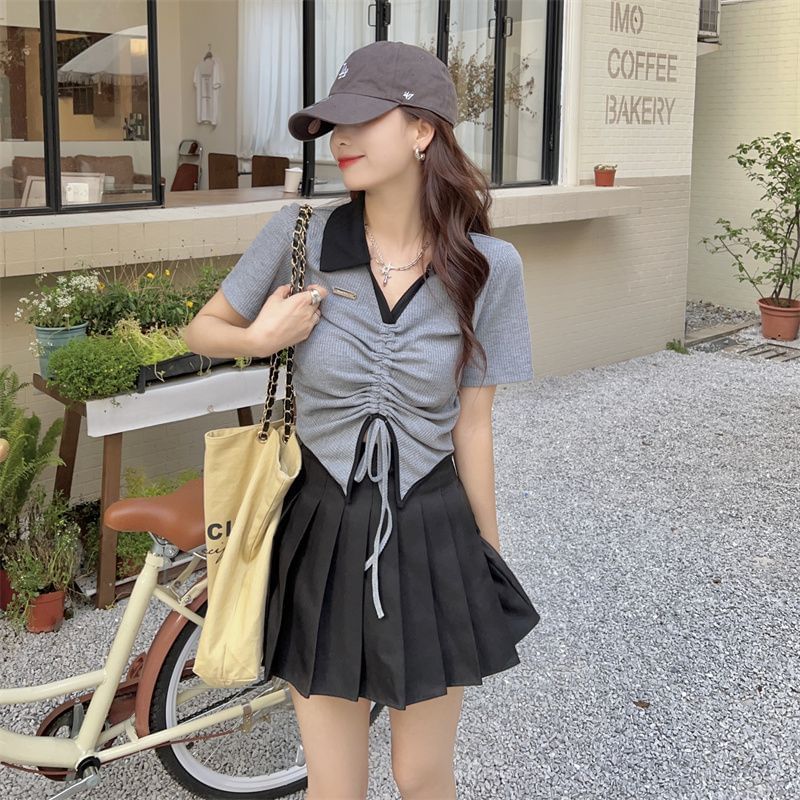 Two-Tone Drawstring Waist Cropped Short-Sleeved Polo