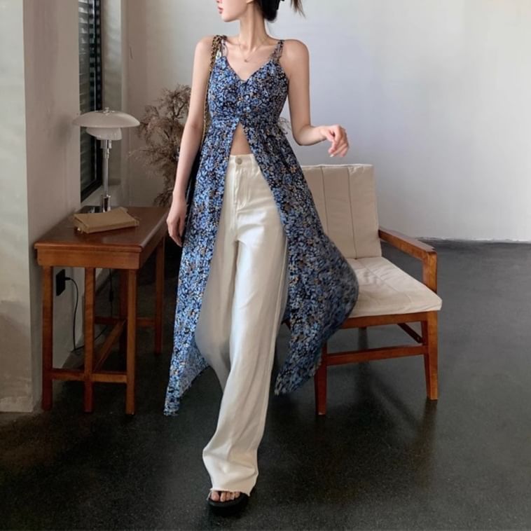 V-Neck Dress Print Floral Midi A-Line Sleeveless