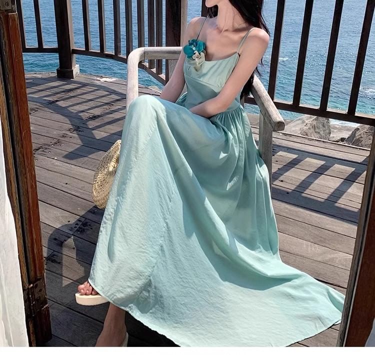 Strap Accent A-Line Floral Spaghetti Maxi Dress