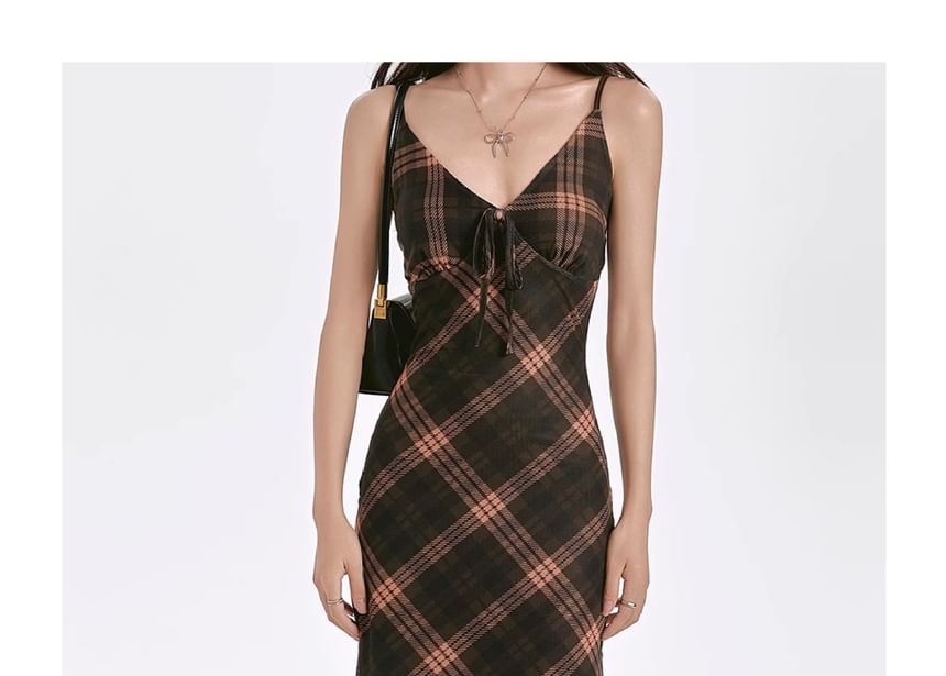 V-Neck Spaghetti Dress Maxi Strap Sheath Plaid