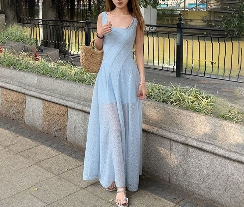 A-Line Neck Maxi Plain Sleeveless Square Dress