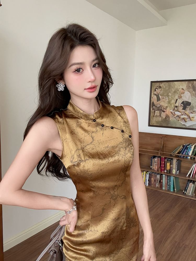 Sleeveless Stand Collar Tie Dye Slit Satin Midi Sheath Qipao