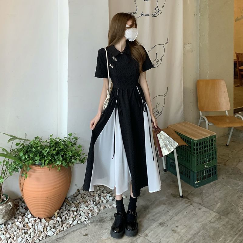 Short-Sleeve Two Tone Panel Midi A-Line Qipao