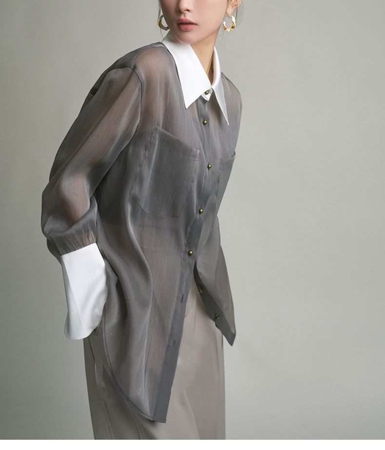 Two-Tone Sheer Long-Sleeved Shirt & Camisole Set