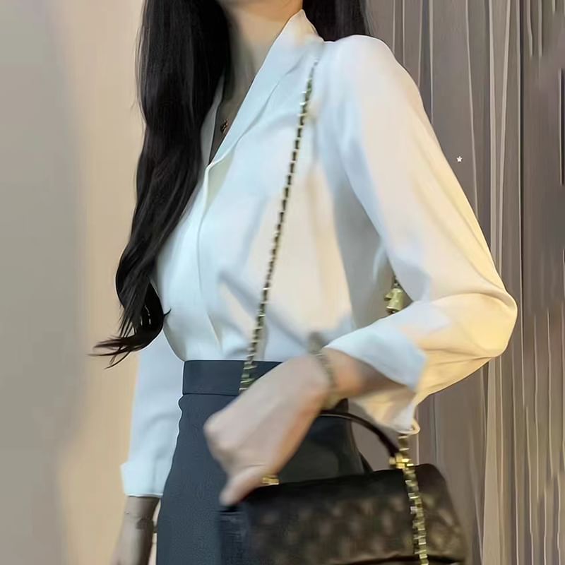 Plain V-Neck Long-Sleeved Blouse