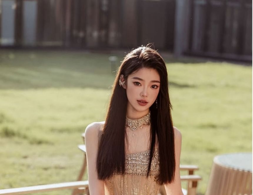 Spaghetti Strap Gown A-Line Rhinestone Evening