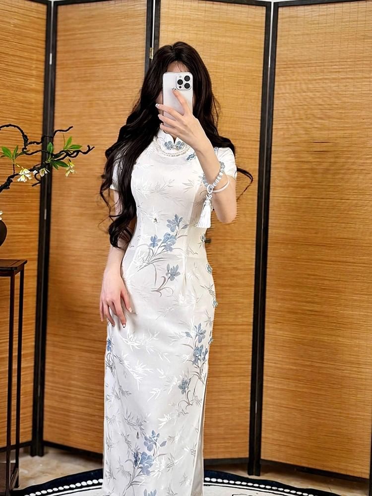Short-Sleeve Floral Print Slit Midi Qipao