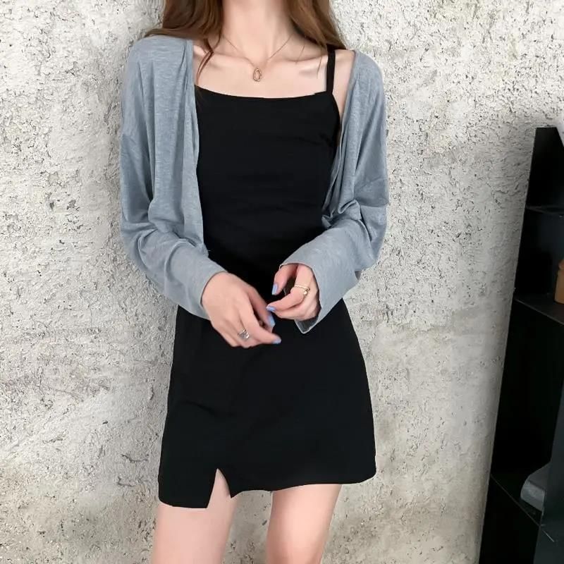 Set: Spaghetti Strap Plain Slit Mini A-Line Dress + Crop Cardigan