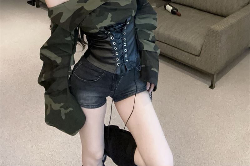 Off-Shoulder Camo Print Faux Leather Lace-Up Crop Top