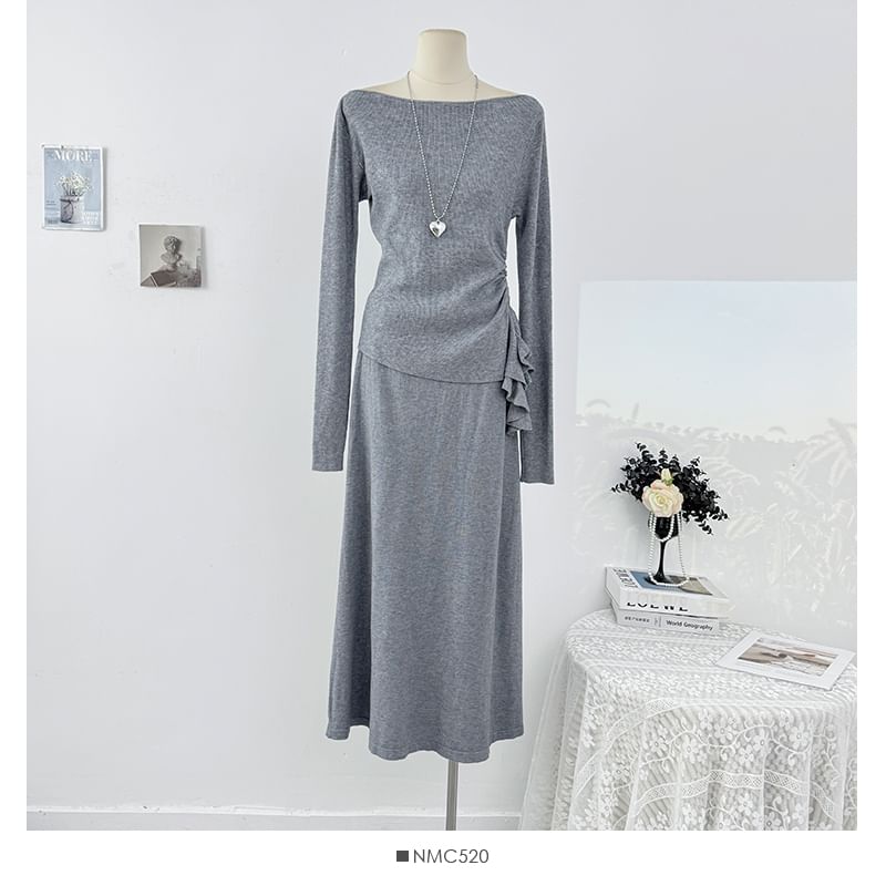 Long Sleeve Ruched Knit Top & High Waist Maxi Skirt Set