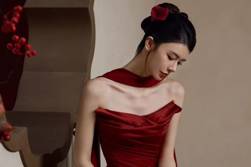 Strapless Floral Jacquard Ruched Maxi Sheath Evening Gown