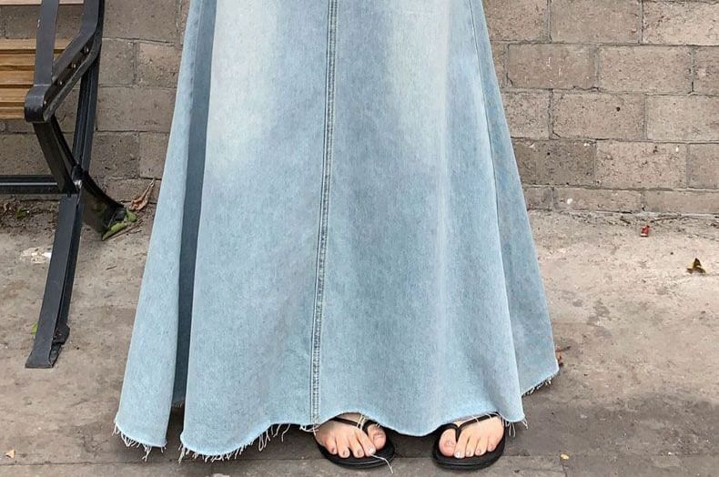 High Rise Washed Frayed Denim Maxi A-Line Skirt