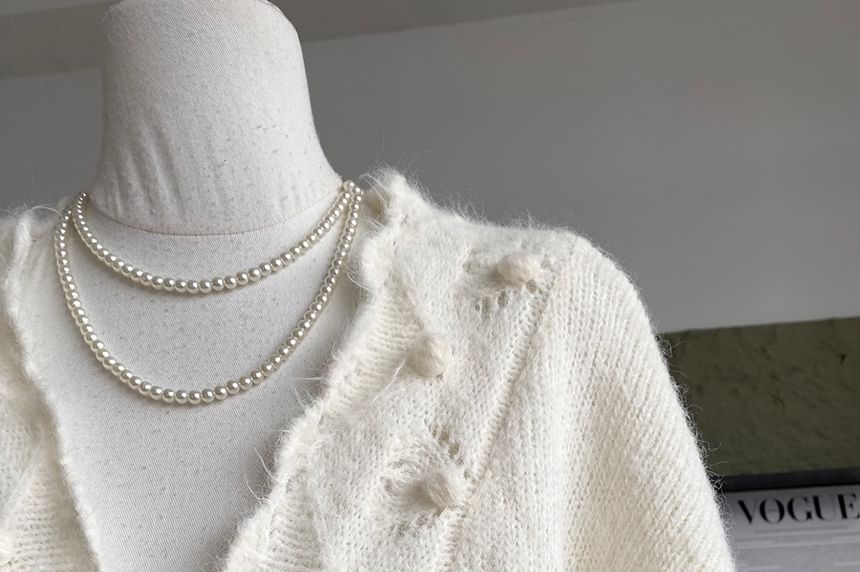 V-Neck Solid Pom Pom Drawstring Cardigan