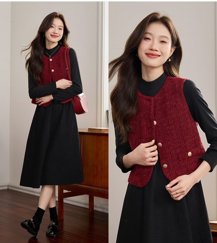 Round Neck Plain Tweed Button Vest