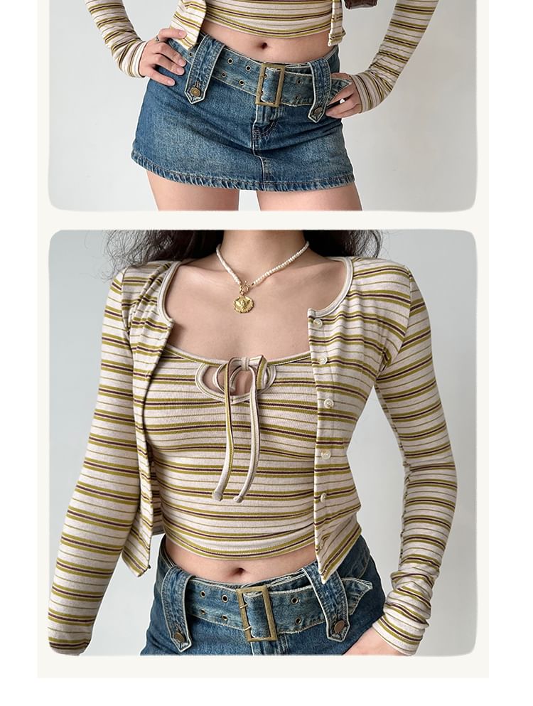 Striped Crewneck Cardigan & Scoop-Neck Camisole Top Set