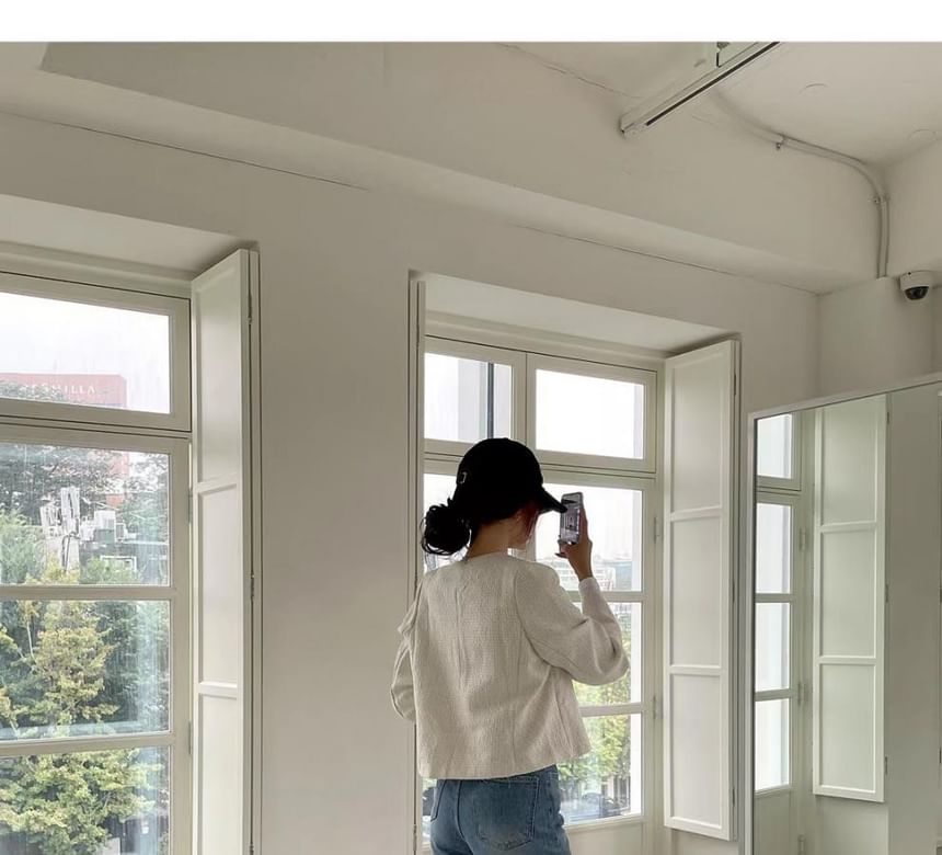 Crew Neck Button-Up Plain Tweed Jacket