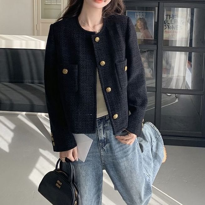 Round Neck Plain Tweed Button Jacket