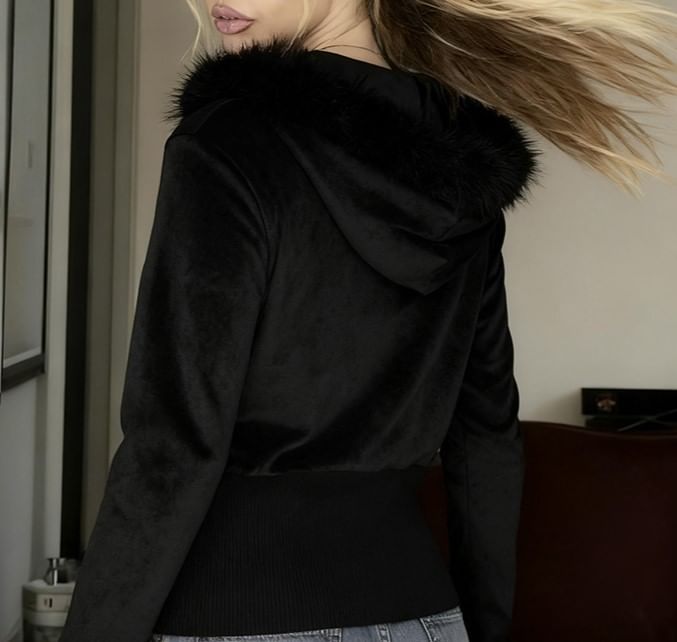 Long Sleeve Rhinestone Furry-Trim Velvet Hooded Zip-Up Jacket