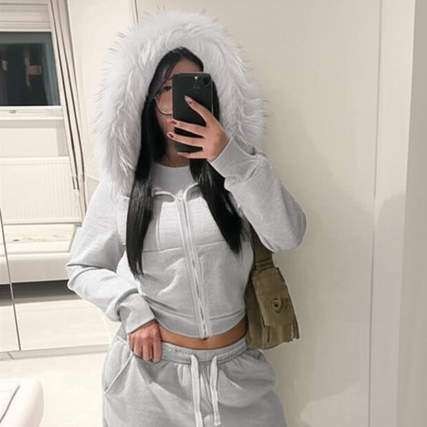 Long Sleeve Furry-Trim Hooded Zip-Up Jacket