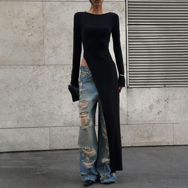 Asymmetric Slit Crewneck Extended Long-Sleeve Tee