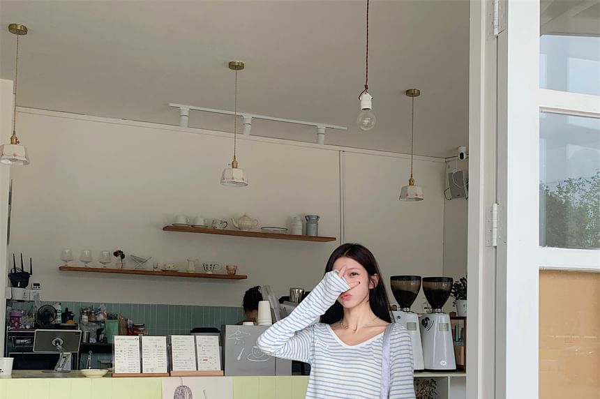 Striped V Neck Long Sleeve Casual T-Shirt
